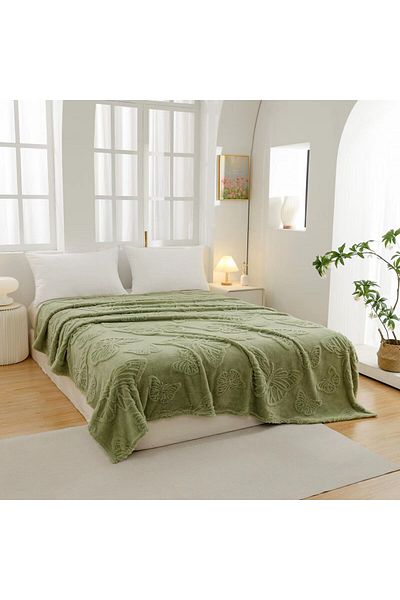 FIONNA.RO Medium Thickness Blanket Embossed Butterflies - Green
