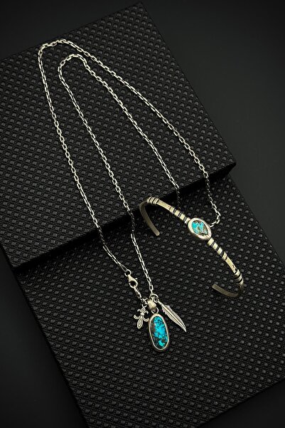 FRNCH 925 Ayar Gümüş Firuze Doğal Taşlı Gümüş Renkli Erkek Kelepçe Bileklik/K...