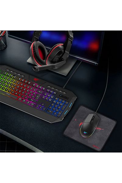 Havit 4-in-1 Gaming Combo: RGB Keyboard, Mouse, Headset with Mic, Pad – Black/Red – PC/Mac