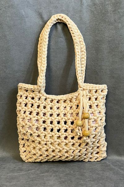 Uretti - Emine 9106 Hand Knitted Combed Cotton Fabric Shoulder Bag with Wooden Bead Detail