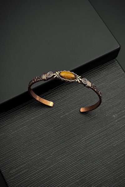 FRNCH Bakır Madenli Kaplan Gözü Doğal Taşlı Kahverengi Erkek Kelepçe Bileklik...