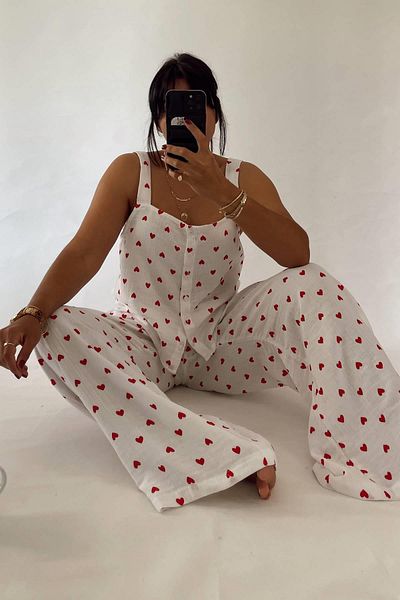 MJAMASS Muslin Heart Patterned White Pajama Set