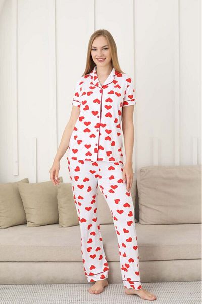 monox Women's Front Button Short Sleeve Lycra Heart Printed Pajama Set
