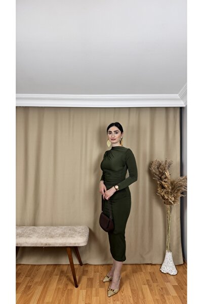 TEXXANA Long Sleeve Sandy Fabric Midi Length Dress