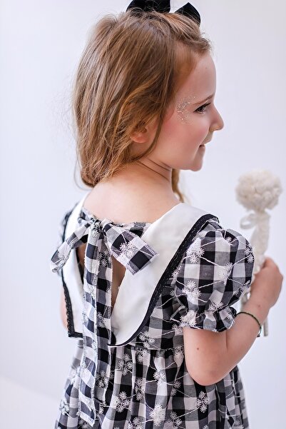 BİHAYALBİÇOCUK Arkadan Bağlamalı Siyah Ekoseli Papatyalı Elbise