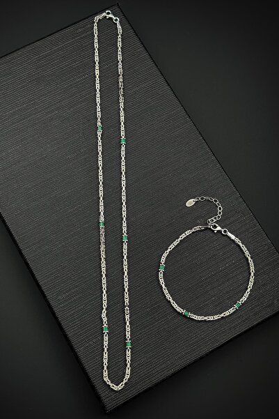 FRNCH 925 Ayar Gümüş İtalyan Model Yeşil Zirkon Taşlı Gümüş Renk Erkek Bilekl...