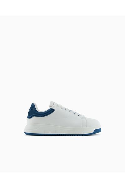 Emporio Armani Men's Laced Medium Thick Sole Leather White Sneaker Em003663 Af18212-Fb060