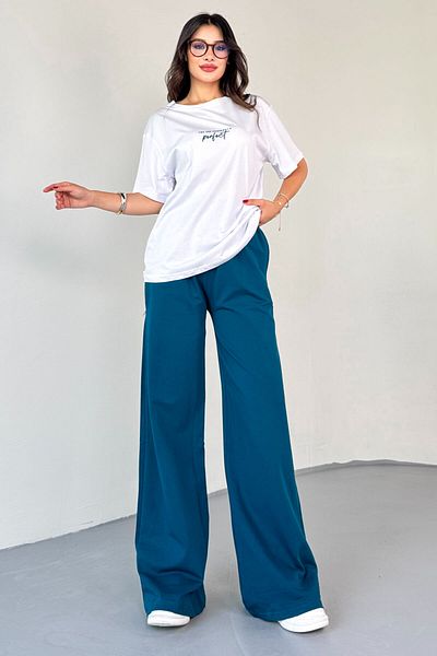 Cappmoda Tkm-0067 Petrol Blue Perfect Written Injection Printed T-Shirt Loose Trousers Double Set