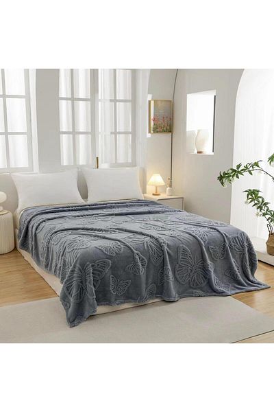 FIONNA.RO Medium Thickness Blanket Embossed Butterflies - Blue Grey
