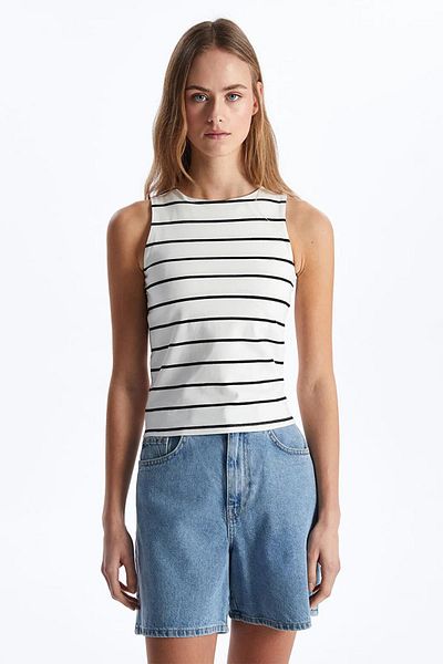 TENA Women's White-Black Swimmer Model Crew Neck Full Lycra Striped Rib Tank Top