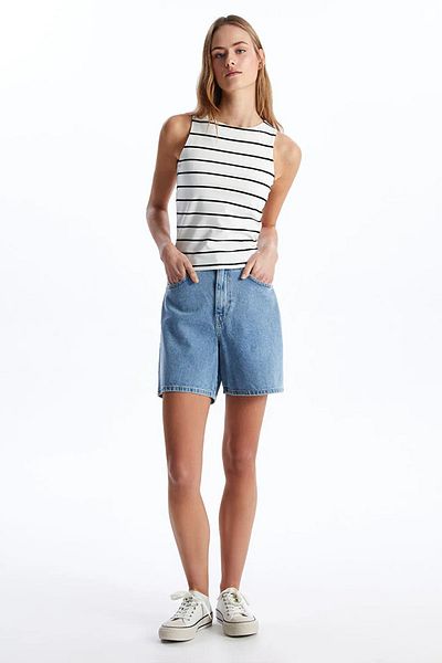 TENA Women's White-Black Swimmer Model Crew Neck Full Lycra Striped Rib Tank Top