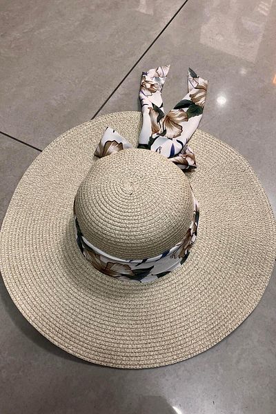 Külah Women Wide Brim Straw Hat with Flower Pattern Stripe Beach Vacation Travel Hat