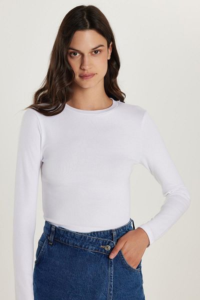 Tudors Bluză de damă, slim fit, din bumbac, cu mânecă lungă, albă, cu decolteu