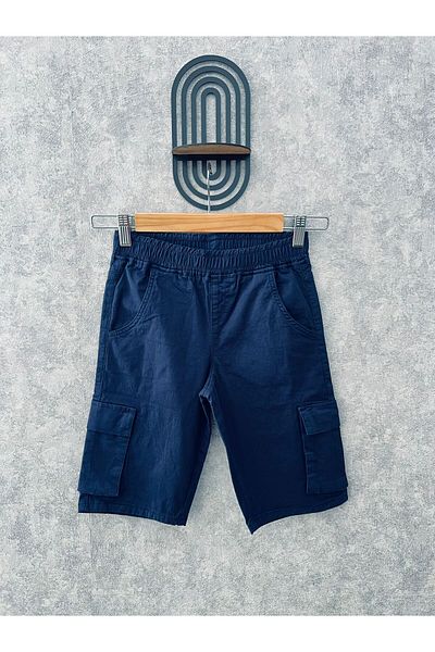 Lexsina Boy's Navy Blue Elastic Waist Linen Cargo Pocket Capri