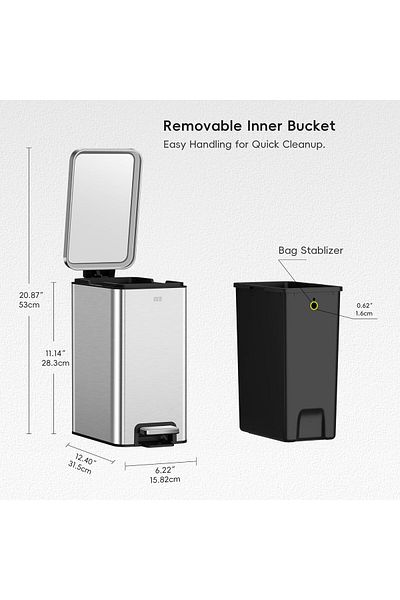 EKO Small Bathroom Trash Can with Lid Soft Close, Step Pedal, 10 Liter / 2.6 Gallon Stainless Steel Bin