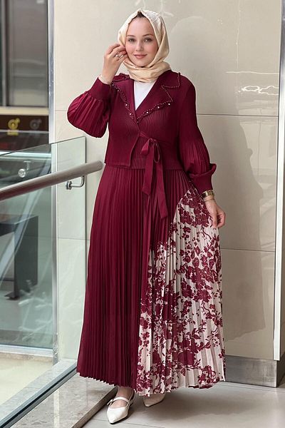 Mahal Double Breasted Collar Pleated Accordion Dress with Pearls