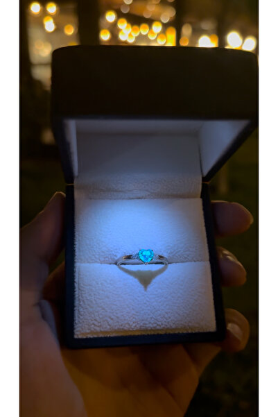 Lunora 925 Ayar Gümüş Gece Parlayan Aqua Kalp Yüzük