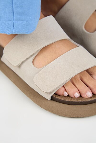 Manijero Lillo Women's Genuine Leather Double Velcro Beige Slippers