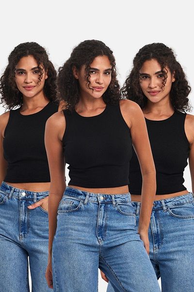 mmetalic Ribbed Black Crop Halter Neck Zero Sleeve Cotton 3-Piece Women's Tank Top
