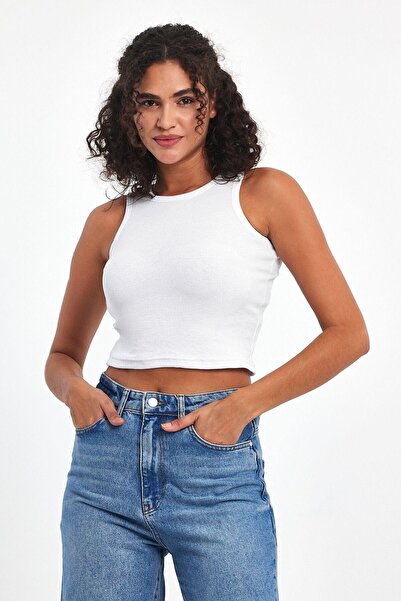 mmetalic Ribbed White Crop Halter Neck Zero Sleeve Cotton 3-Piece Women's Tank Top