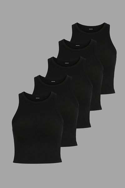 mmetalic Ribbed Black Crop Halter Neck Zero Sleeve Cotton 5 Women's Tank Top.