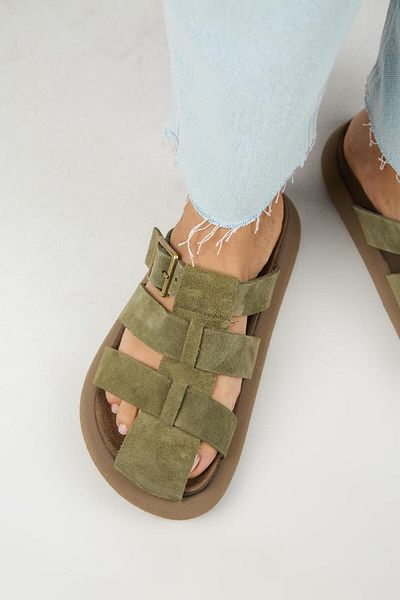 Manijero Papuci Sabo Khaki pentru femei Brancato din piele naturală cu curele cu cataramă