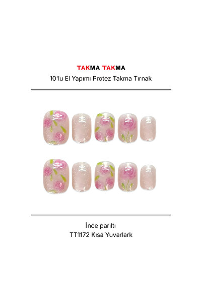 Takma Takma S Beden 10'lu Pembe Kısa Yuvarlak TT1172 Tekrar Kullanılabilir Protez Takma Tırnak