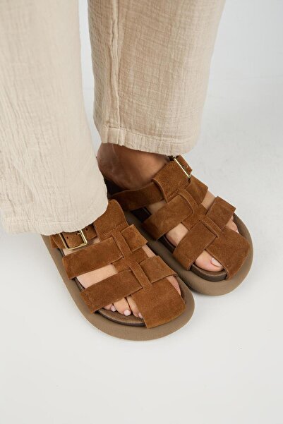 Manijero Brancato Women's Genuine Leather Buckle Banded Sabo Tan Slippers