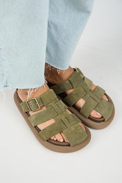 Manijero Brancato Women's Genuine Leather Buckle Strap Sabo Khaki Slippers