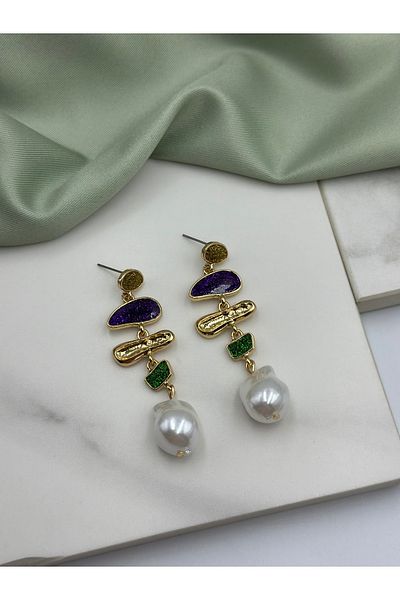 Duéra Steel Design Earrings with Pearl Colored Dangle