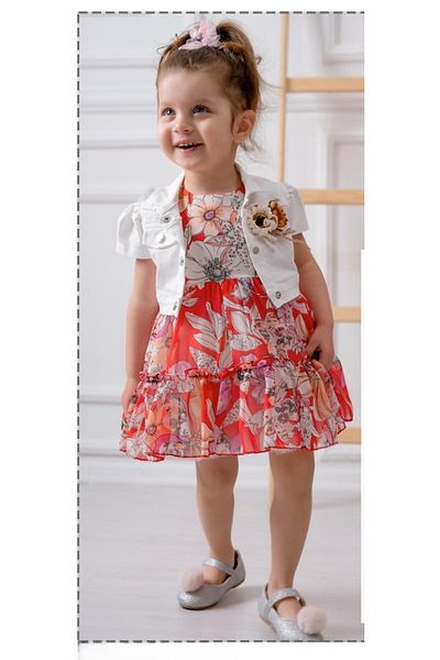Bulut Baby 2 Piece Jacketed Dress in Denim Cotton Chiffon Fabric for Girls