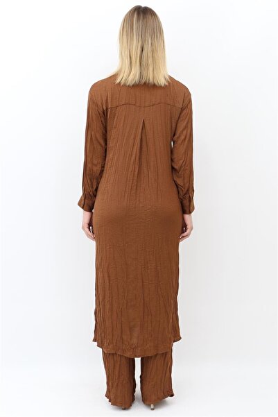 Yaqa Krinkıl Kumaş Cindrella Uzun Gömlek - Kahve