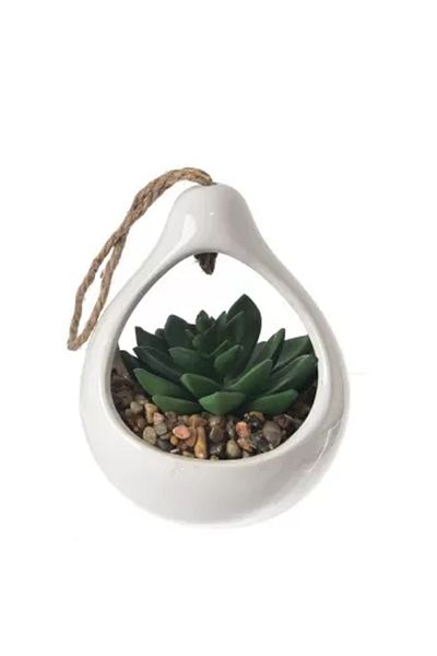 Koopman Planta artificiala Suculenta, Azay Design, in suport ceramic alb, cu agatatoare din sfoara, H 14cm