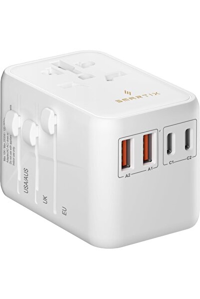 SMARTIX محول سفر عالمي GaN بقوة 65 وات - شاحن سريع مع منفذي USB-C PD ومنفذي U...