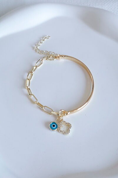 DEMOKAN Kadın Bileklik 14k Dört Yaprak Yonca Nazar Boncuk Charm Bileklik