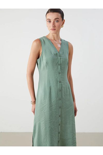 LC Waikiki Lcwaikiki Classic Khaki V-Neck A-Line Modal Blend Dress