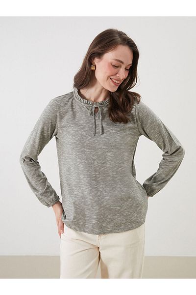 LC Waikiki Grace Plum Ruffle Tie Collar Blouse
