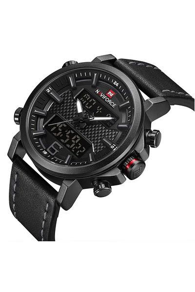 Naviforce Black Dial Black Leather Strap Watch Analog Digital Quartz Waterproof Chronograph with Dual Display