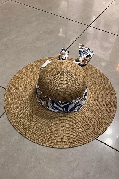 Külah Women Wide Brim Straw Hat with Flower Pattern Stripe Beach Vacation Travel Hat