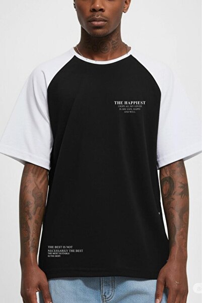 NO 601 Tricou cu mâneci raglan pentru bărbați, negru-alb, oversize, cu imprim...