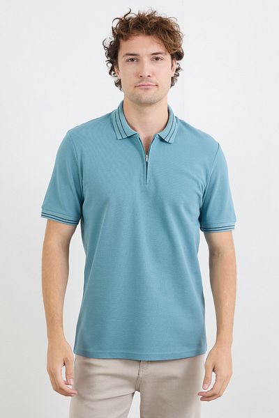 Fulla Moda Μπλουζάκι με ριγέ μισό φερμουάρ με γιακά πόλο