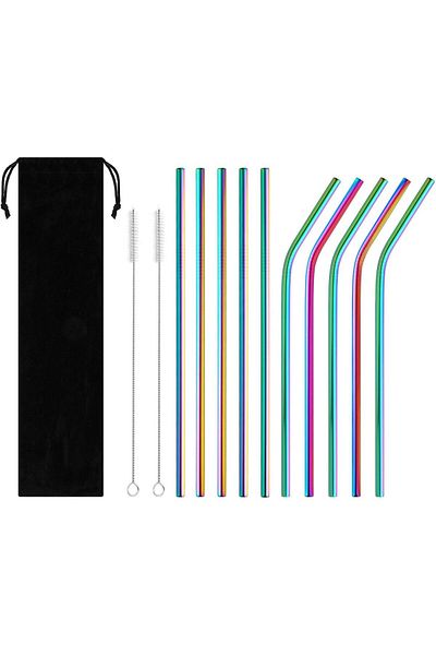 Inkbird Reusable Metal Straw 10 PCS Portable Stainless Steel Drinking Straws 2 Cleaning Brush and Tr