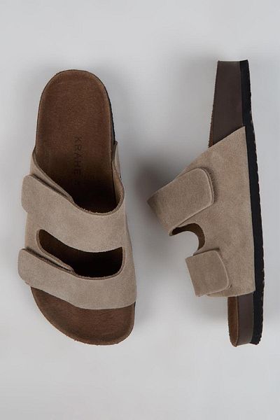 Krahe Robert Men's Genuine Leather Double Strap Velcro Mink Slippers
