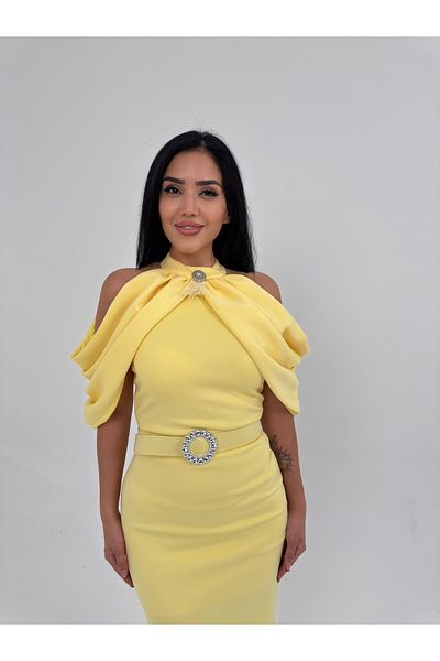 1Moda1Tarz Γυναικείο φόρεμα με λεπτομέρεια με φούντα καρφίτσα από εισαγόμενο ύφασμα κατάδυσης