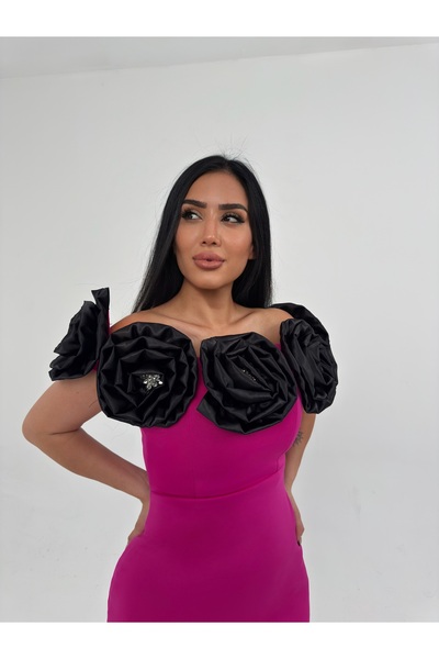 1Moda1Tarz Women's Imported Scauba Fabric Carmen Collar Rose Detailed Back Slit Detail Lined Design Dress