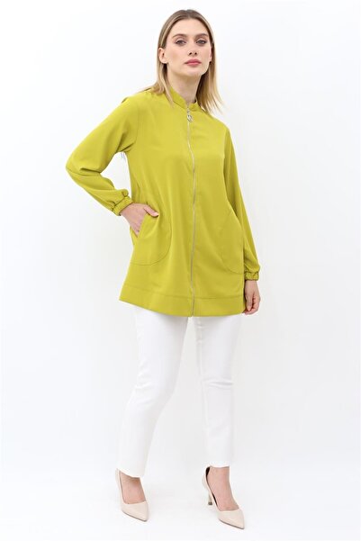 Armine Arkası Püskül Taş Detaylı Fermuarlı Tunik - Olive