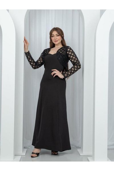 Nice Model Black Evening Dress Long Sleeve Lace Jacket Two Piece Formal Modest Maxi Gown Plus Size Women
