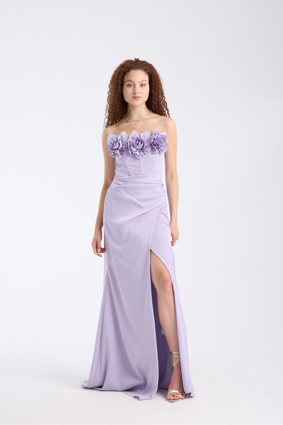 meksila kadın straptes çiçek detaylı uzun yırtmaçlı saten pileli düğün nişan ...