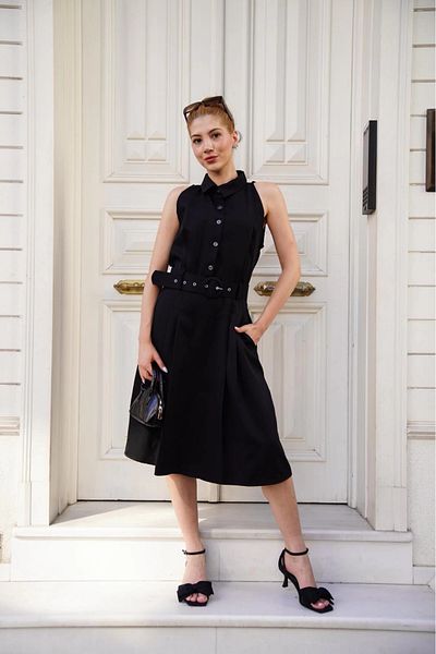 Zerenyus Shirt Collar Black Dress with Belt