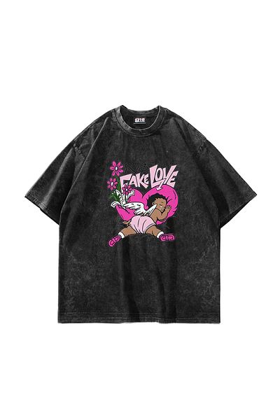 Sekizbiraltı No Fake Love Printed Oversize Unisex Πλενόμενο μαύρο μπλουζάκι